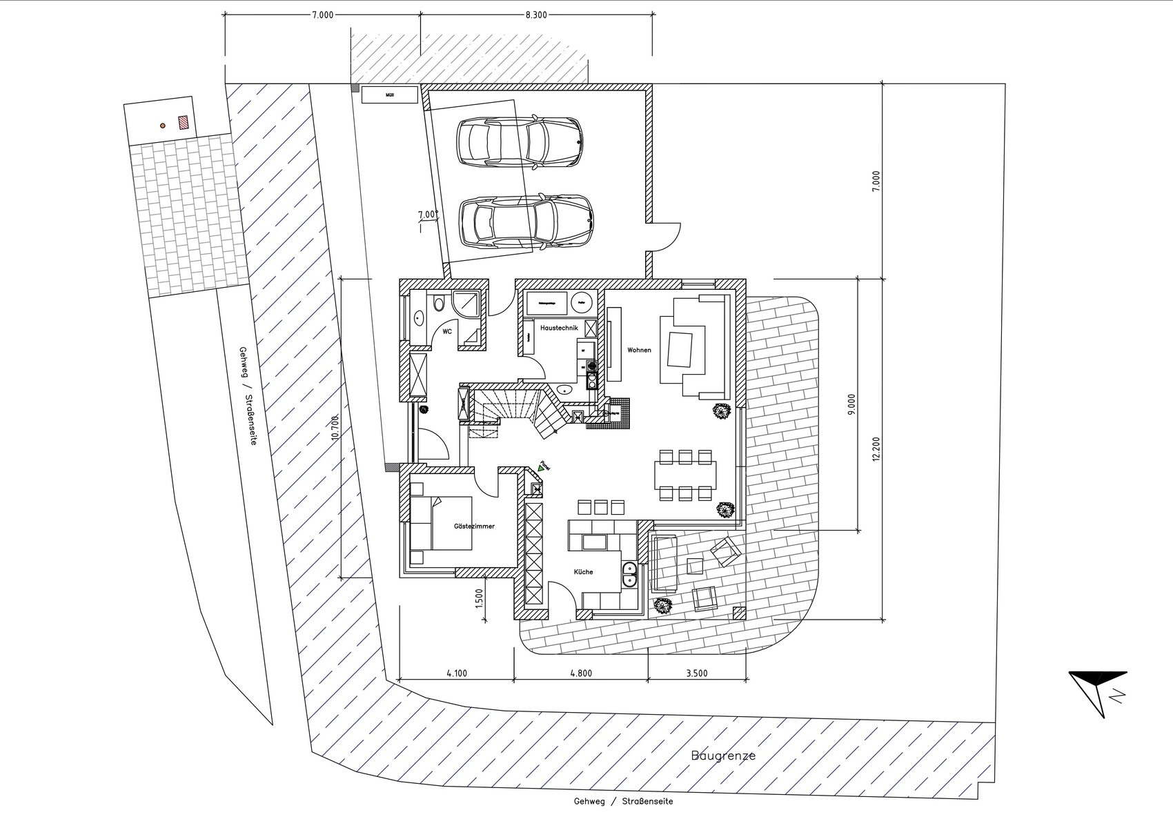 Grundriss: Haus mit Doppelgarage, Küche, Wohnen, Gästezimmer, Technikraum.