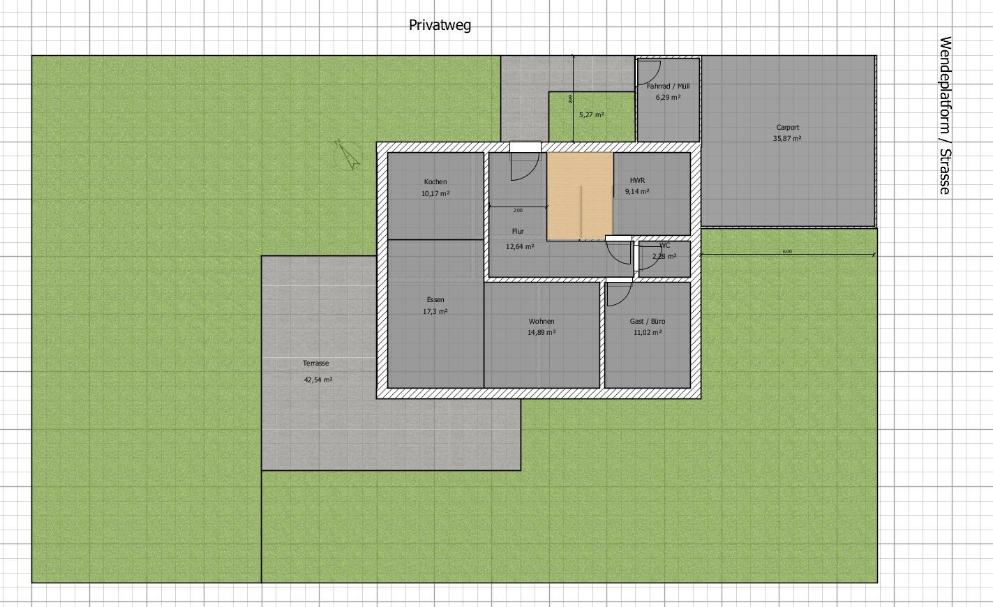Grundriss eines Hauses mit Küche, Essen, Wohnen, Flur, HWR, WC, Gästezimmer, Terrasse und Carport.