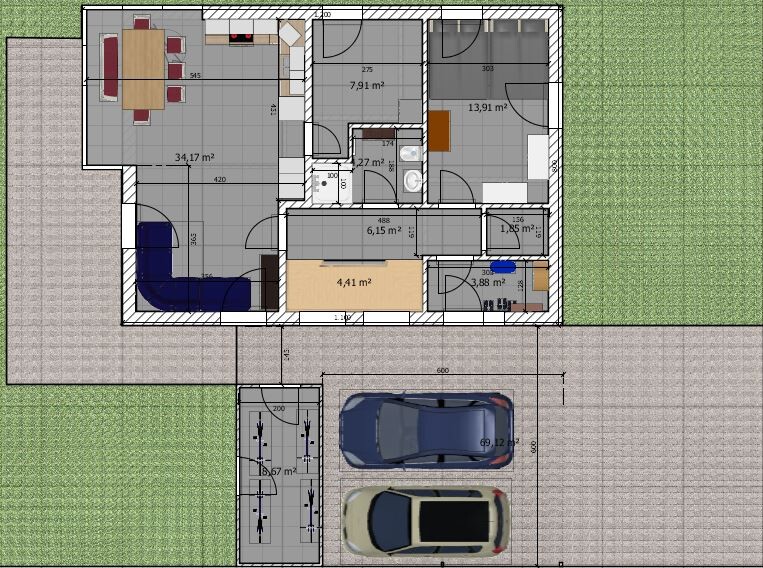 2D-Grundriss eines Einfamilienhauses mit Garage, Terrasse und Garten