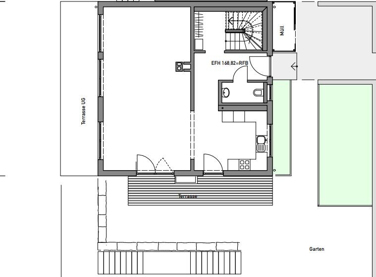 2D-Hausgrundriss mit Terrasse, Garten, Eingangsbereich, Treppen und Küche
