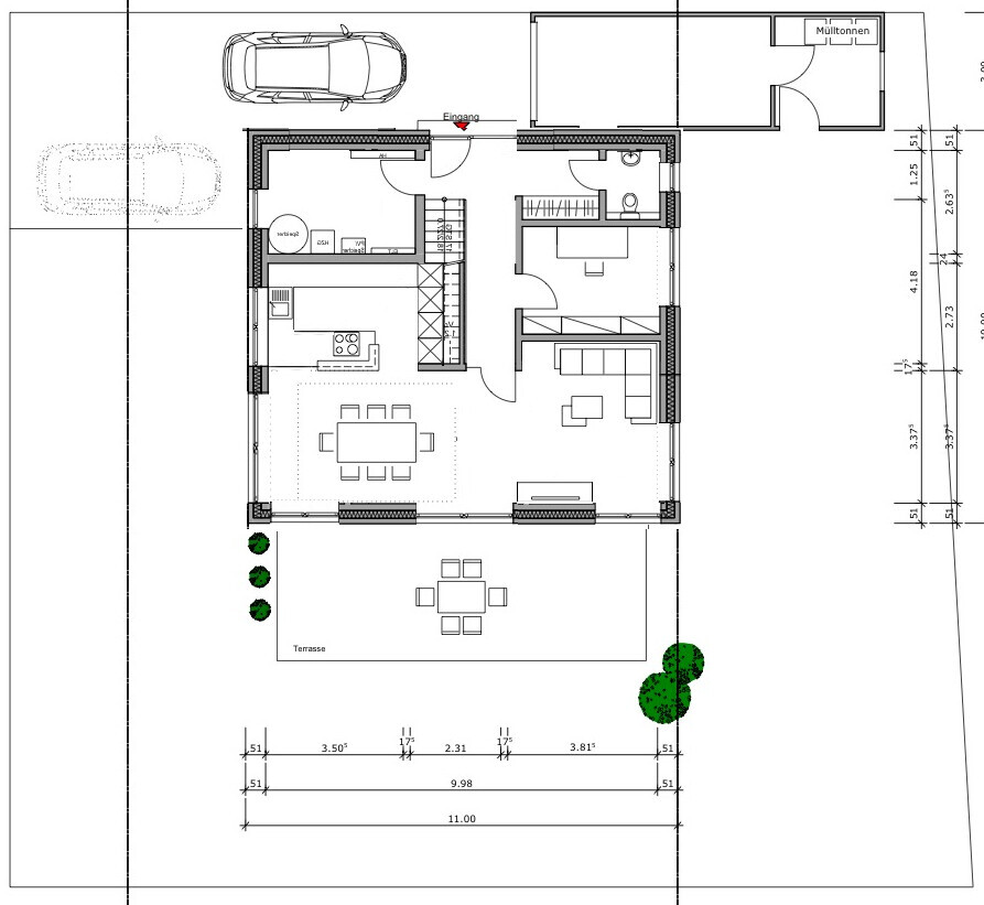 2D-Hausgrundriss mit Terrasse, Garten und Parkplatz auf dem Grundstück
