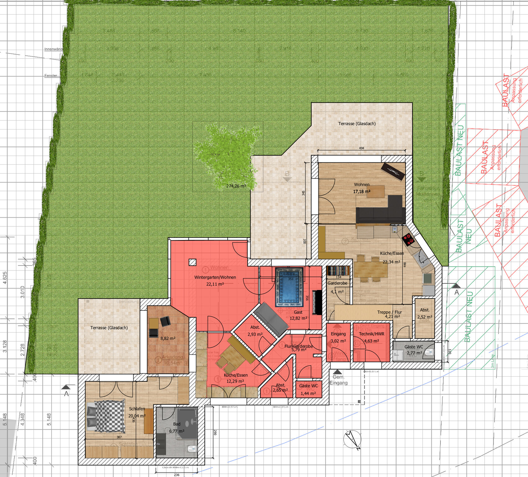 Grundriss eines Hauses mit großem Garten, Terrasse, Wohnbereich, Küche, Gäste-WC und Technik.