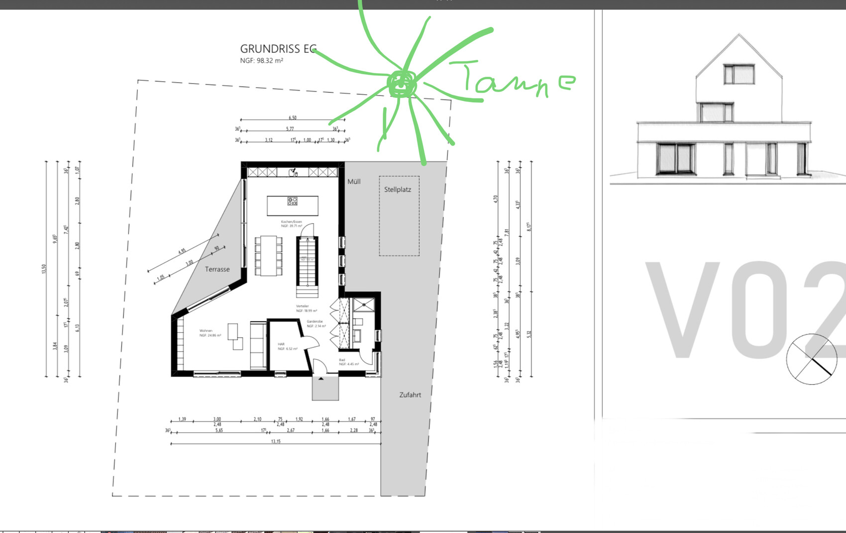 EG-Grundriss mit Küche, Terrasse, Wohnraum, Müll, Stellplatz, Zufahrt; Seitenansicht rechts.