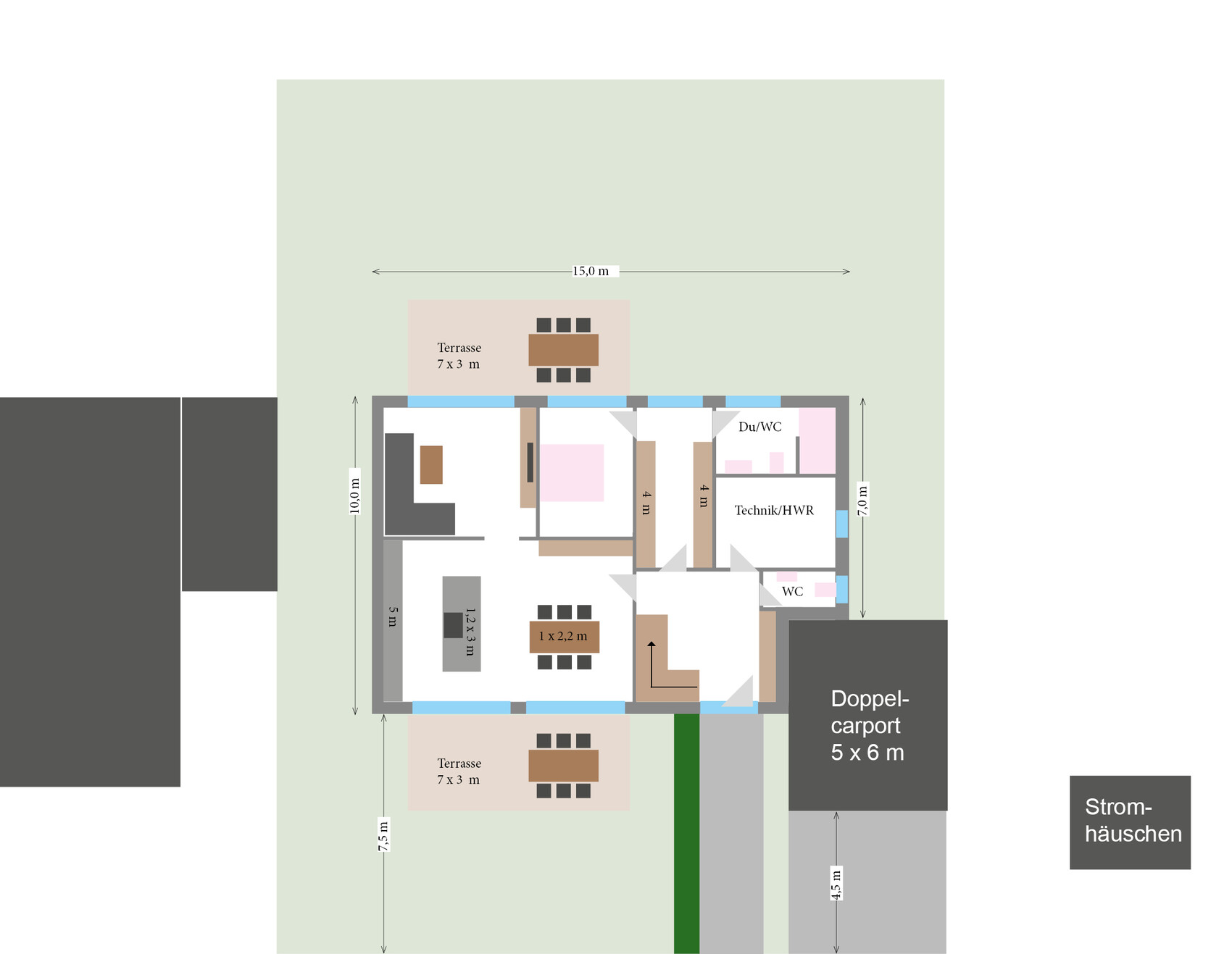 Grundriss eines Hauses mit Terrassen, Wohnzimmer, Küche, Bad/WC, Technik, Doppelcarport 5x6 m.