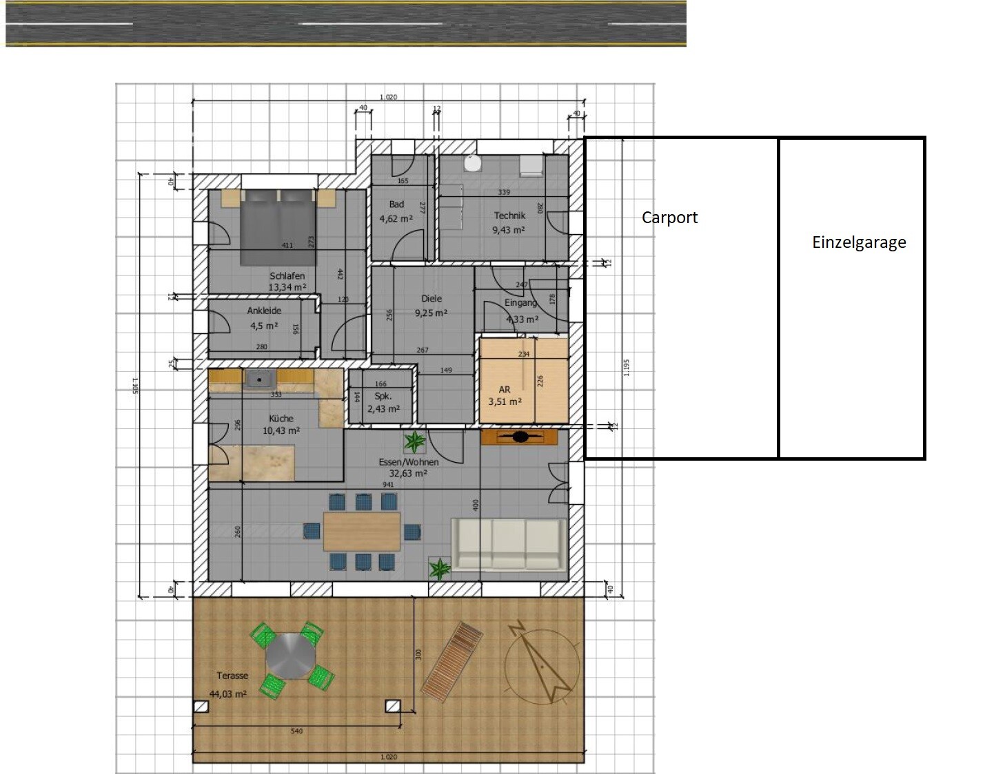 Grundriss eines Hauses mit Terrasse, Carport und Einzelgarage; Innenraum mit Küche und Wohnen.