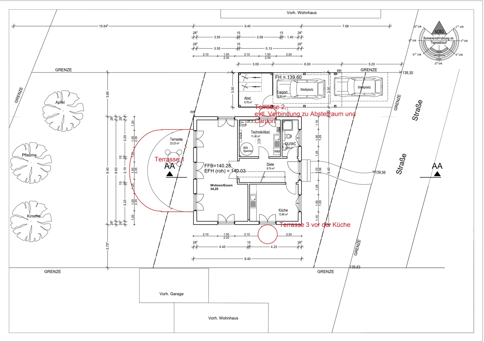 Grundriss eines Einfamilienhauses mit Terrasse, Garten, Carport und Grenzlinien