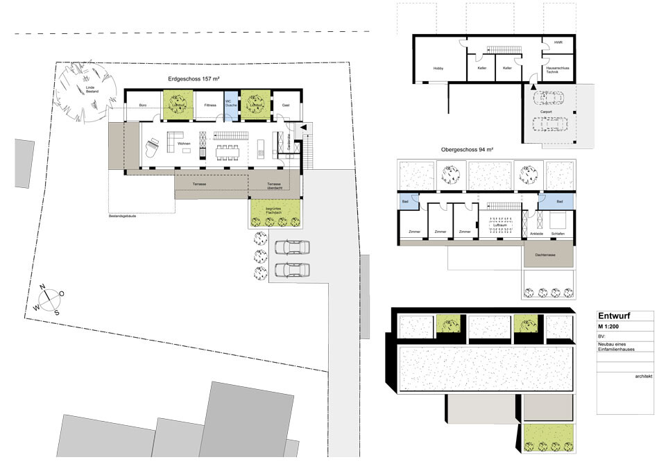 Ausführlicher Grundriss eines Einfamilienhauses mit Terrasse, Garten und Parkplätzen