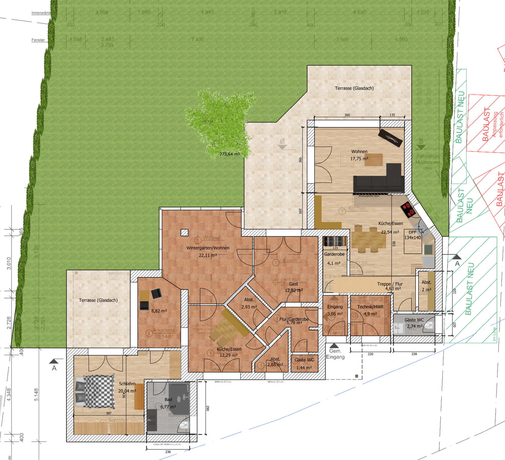 Grundriss eines Hauses mit Garten, Terrasse, Wohnzimmer, Küche, Schlafzimmer, Bad und Flur
