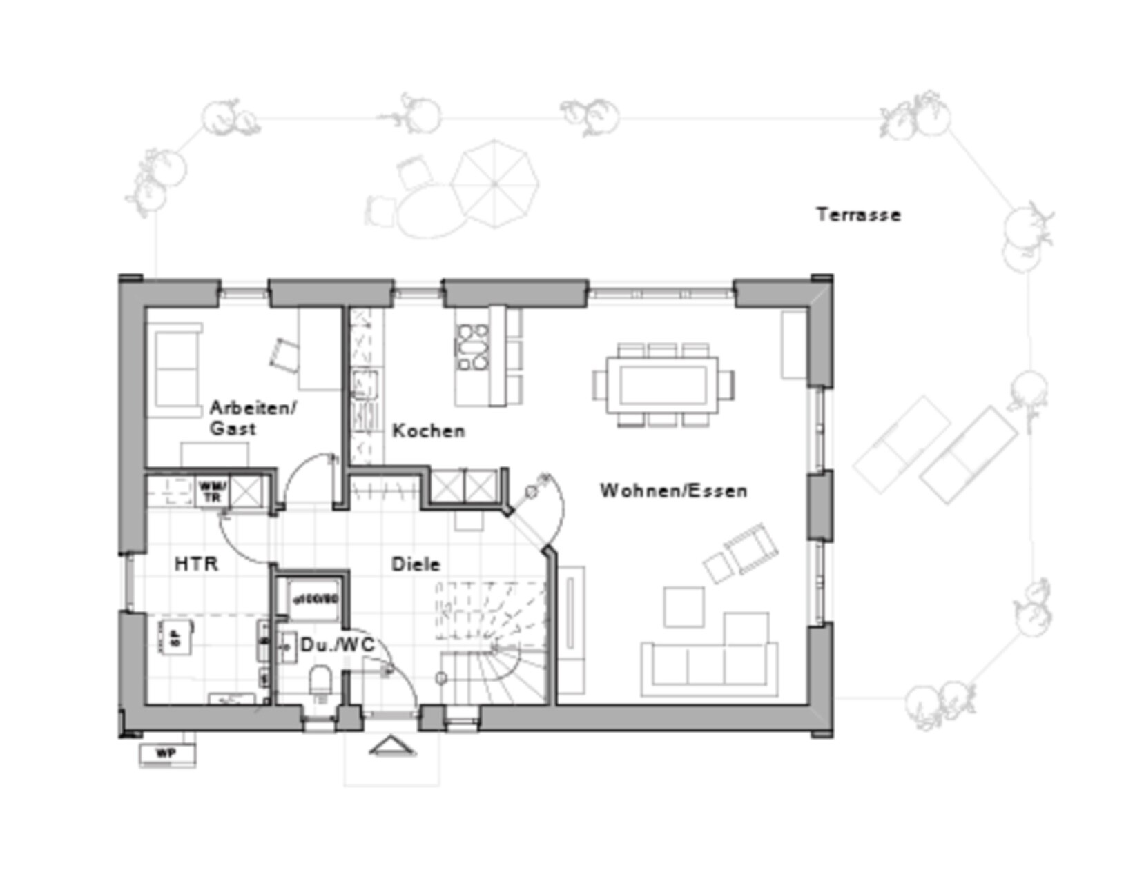 Grundriss eines Hauses mit Küche, Wohnen/Essen, Arbeiten/Gast, Diele, Terrasse.