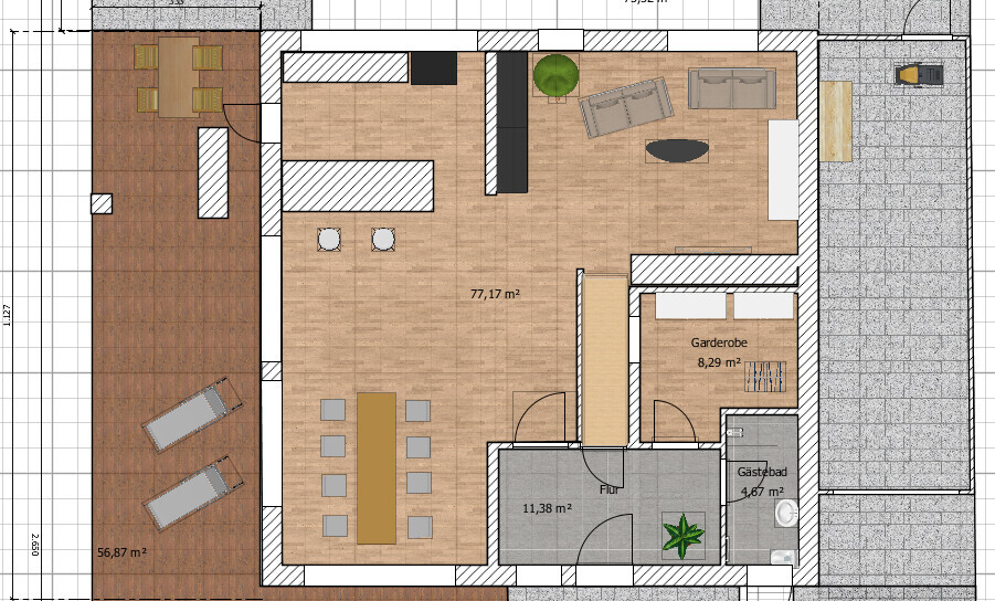 Grundriss eines Hauses: offene Küche mit Insel, Esstisch, Sofa, Flur, Garderobe, Gästebad, Terrasse.