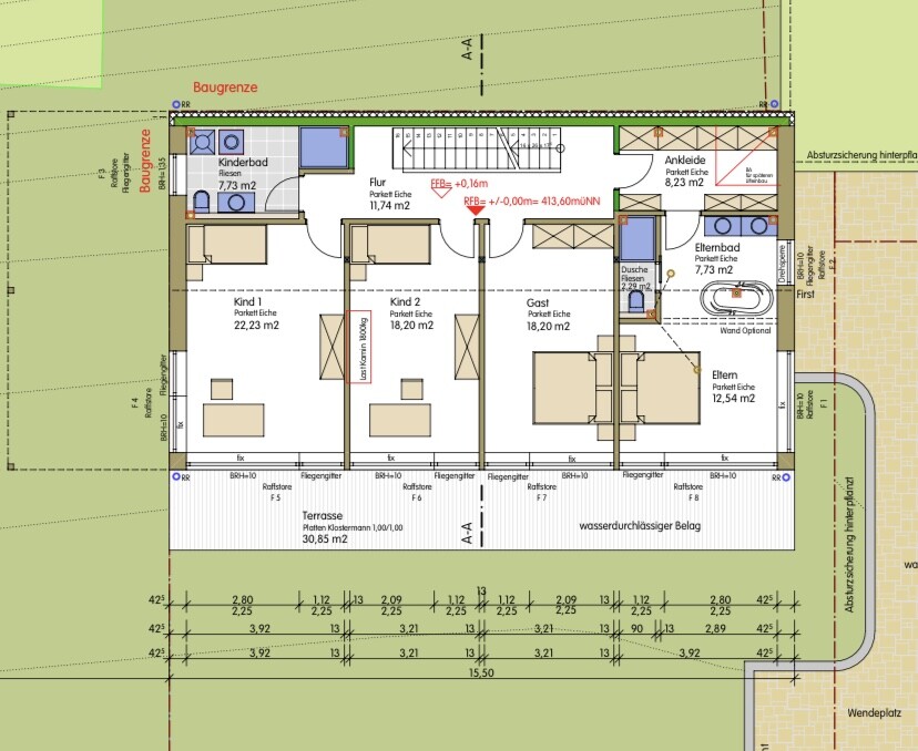 Grundriss eines Hauses mit Flur, Elternzimmer, Kinderzimmer, Gästezimmer sowie Terrasse.