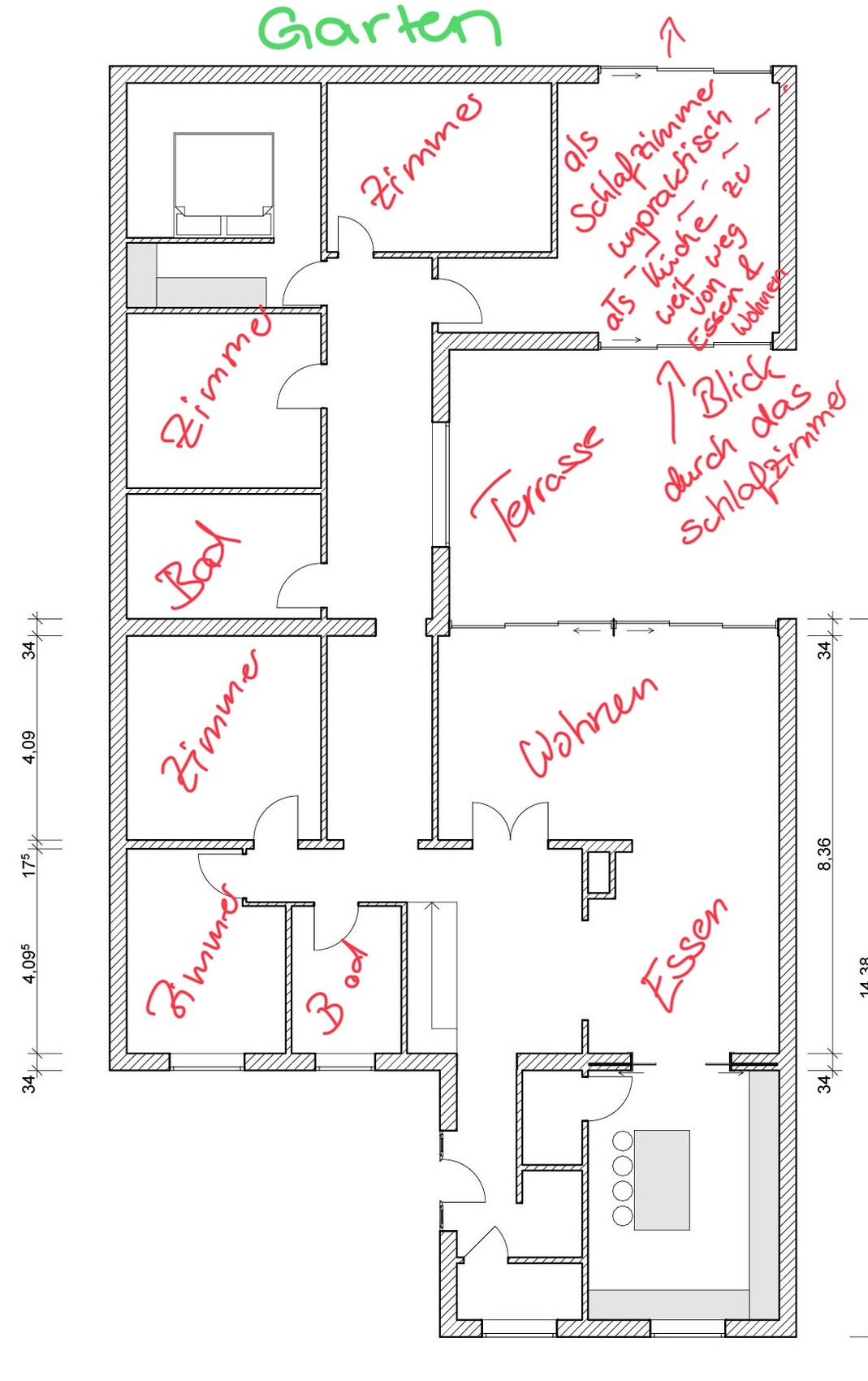 Grundriss eines Wohnhauses mit Zimmern, Bad, Wohnen, Küche, Terrasse und Garten