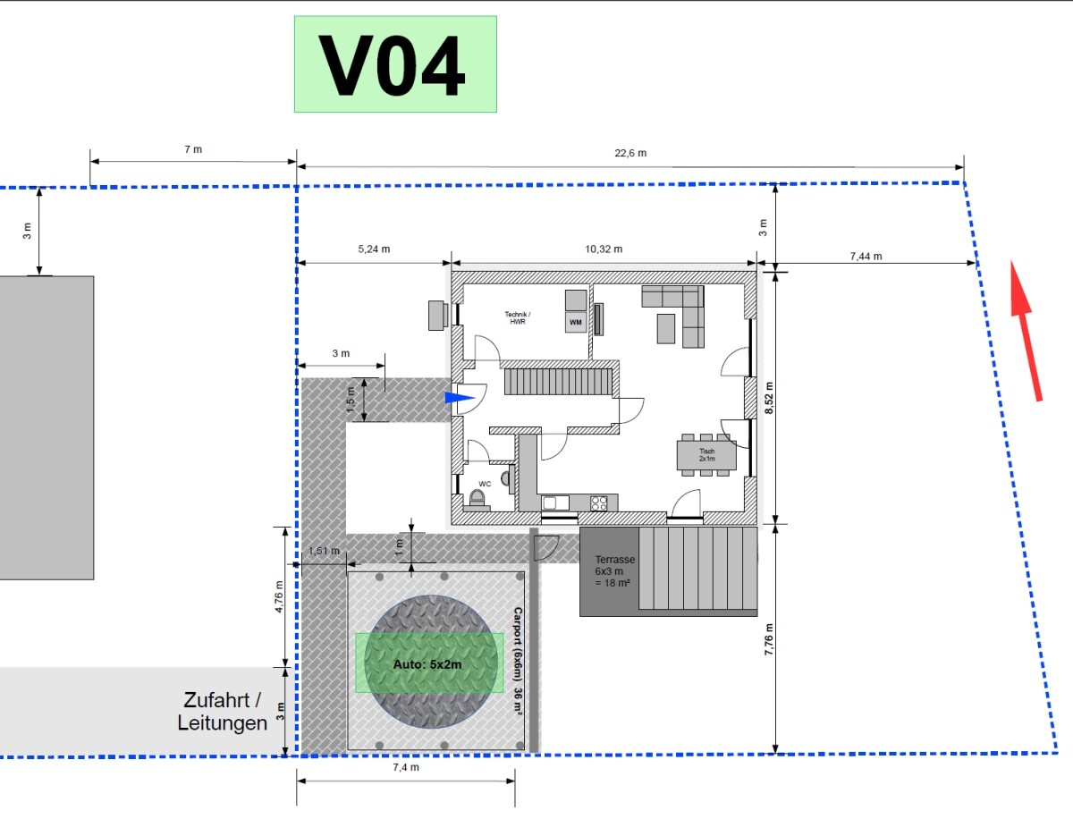 Grundriss: Haus mit Terrasse, Auto-Parkplatz, Zufahrt und Innenräumen.