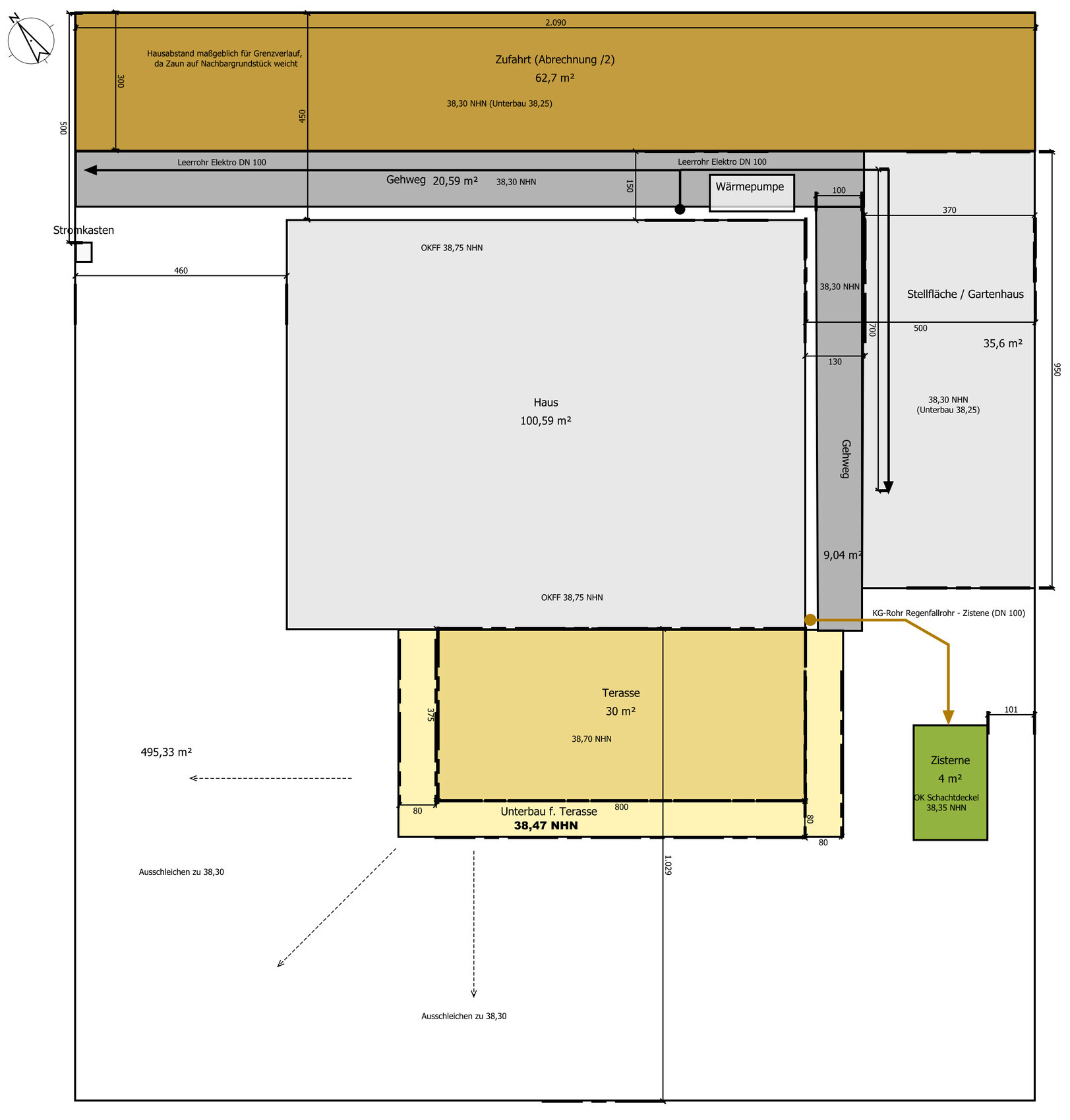 2D-Grundriss mit Haus, Terrasse, Garten und Zisterne