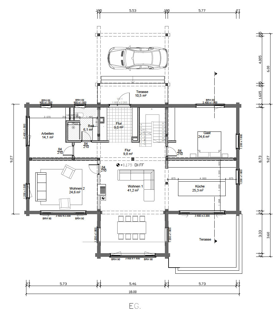 Grundriss Erdgeschoss: zwei Wohnbereiche, Küche, Gast, Arbeitszimmer, Terrassen, Carport.