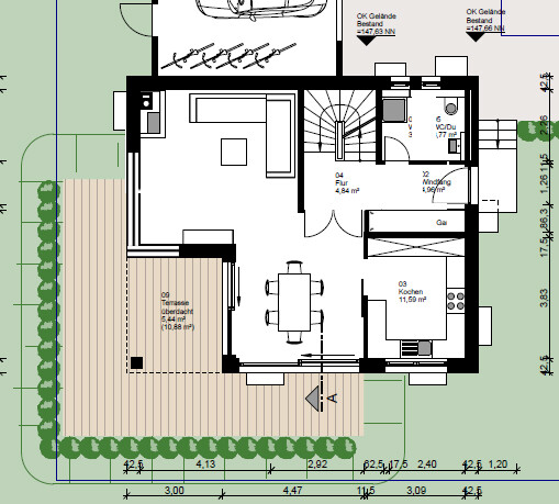 2D-Grundrissplan eines Hauses mit Terrasse, Eingang und Essbereich