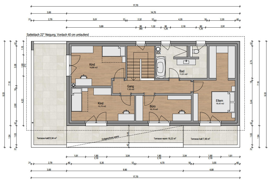 Grundriss: Erdgeschoss eines Hauses mit zwei Kinderzimmern, Elternzimmer, Büro, Bad, Terrasse.