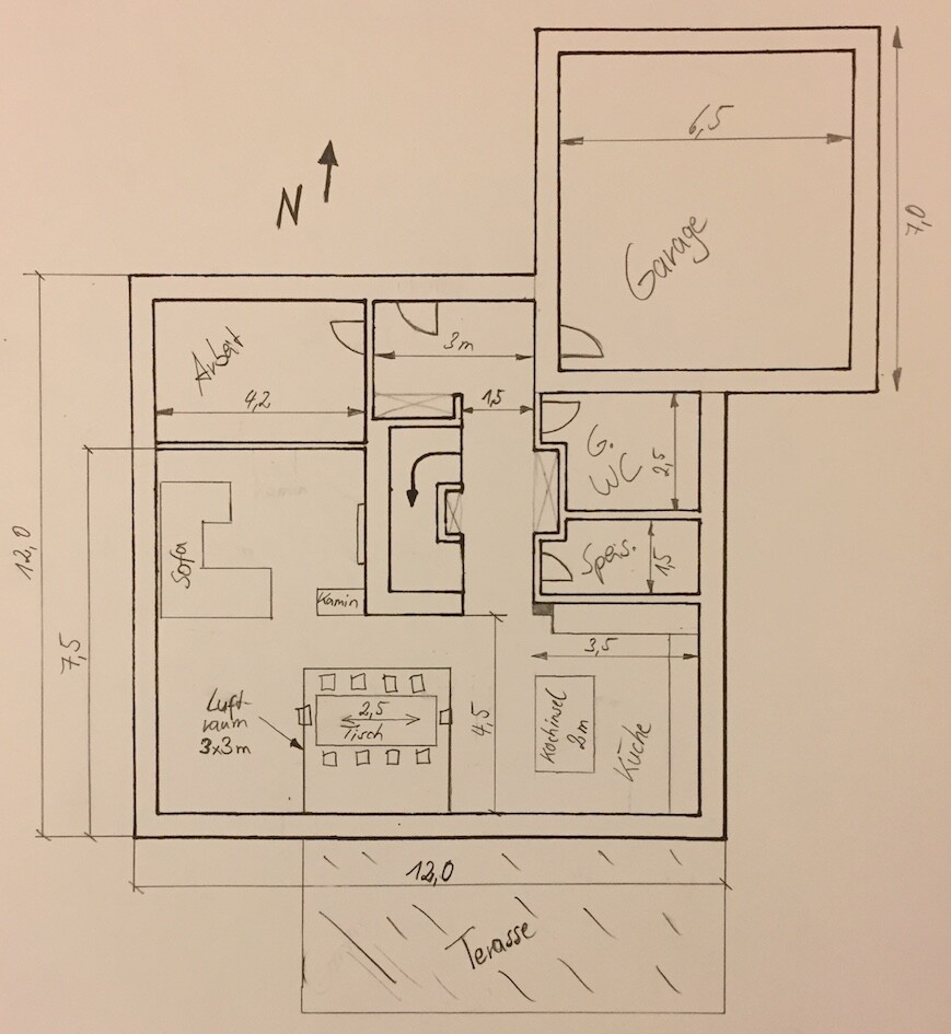 Handgezeichneter 2D-Grundriss eines Hauses mit Terrasse, Küche und Wohnzimmer