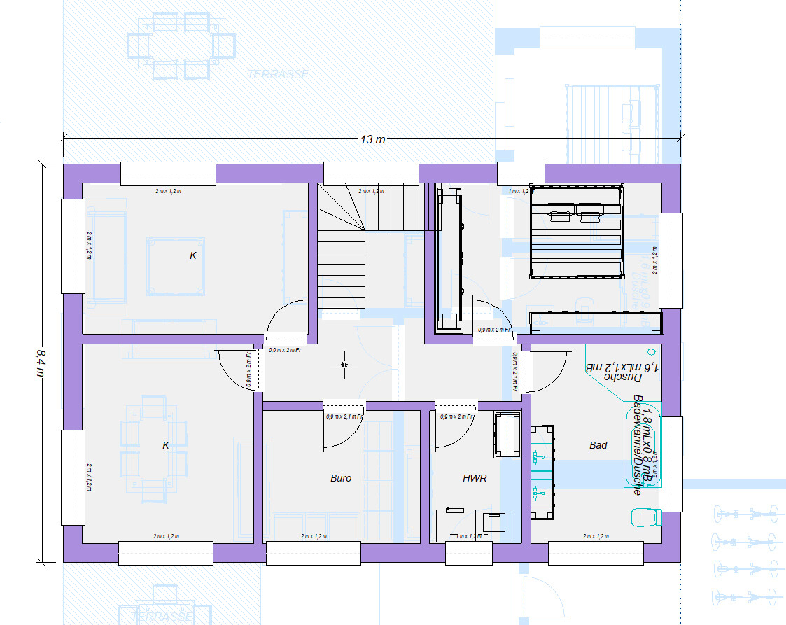 Grundrissplan eines Hauses mit Küche, Büro, Bad, HWR und Terrasse