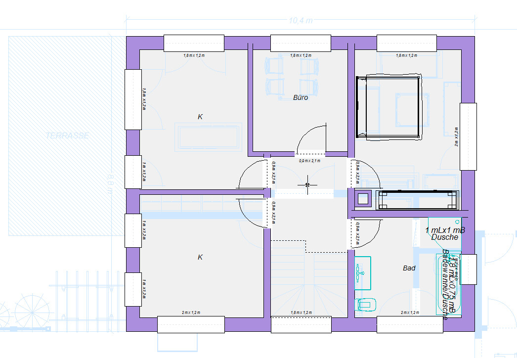 2D-Hausgrundriss mit Terrasse links, Küche, Büro, Bad und Wohnzimmer
