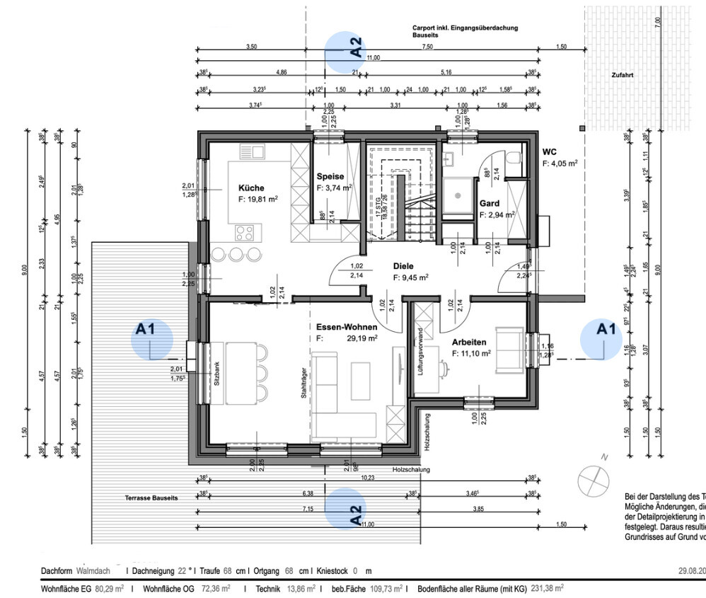 Grundriss eines Einfamilienhauses mit Küche, Essen-Wohnen, Arbeiten, Diele, Gard, WC, Terrasse.