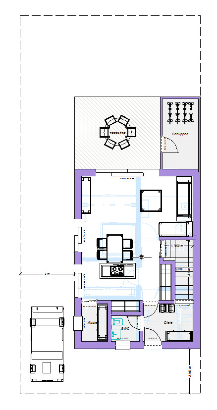 Grundriss eines Hauses mit Terrasse, Essbereich, Küche, Schuppen und Parkplatz.