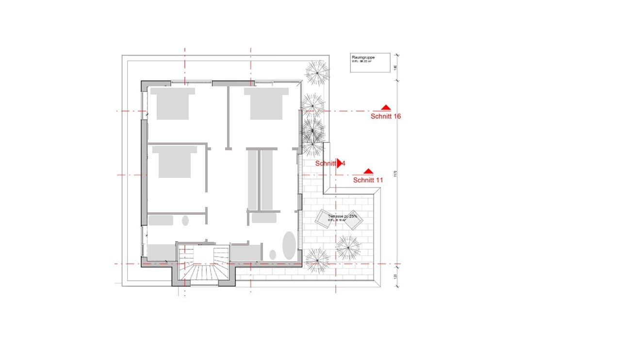 Grundriss eines Hauses: Räume, Terrasse und Schnittmarkierungen in Rot.