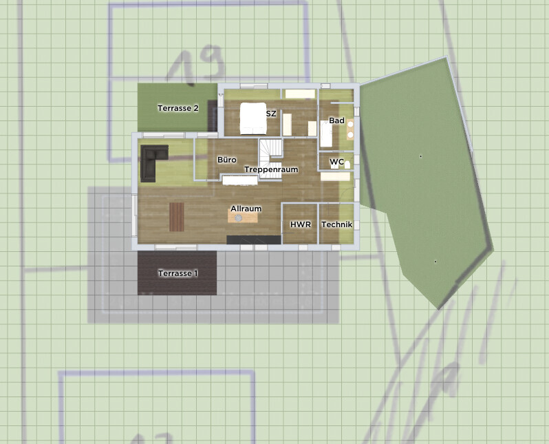 Grundriss eines Wohnhauses: Allraum, Büro, SZ, Bad, WC, Treppenraum, HWR, Technik, zwei Terrassen.