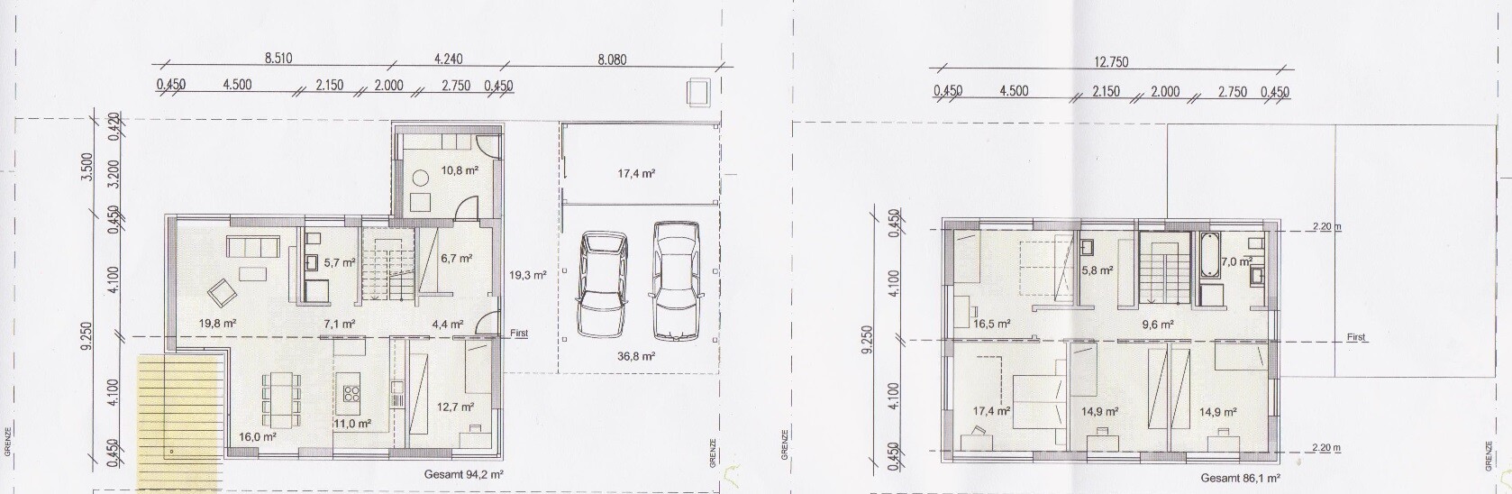 Grundriss eines Hauses: EG und OG, Wohnküche, Wohnzimmer, Garage für zwei Autos, Schlafzimmer.