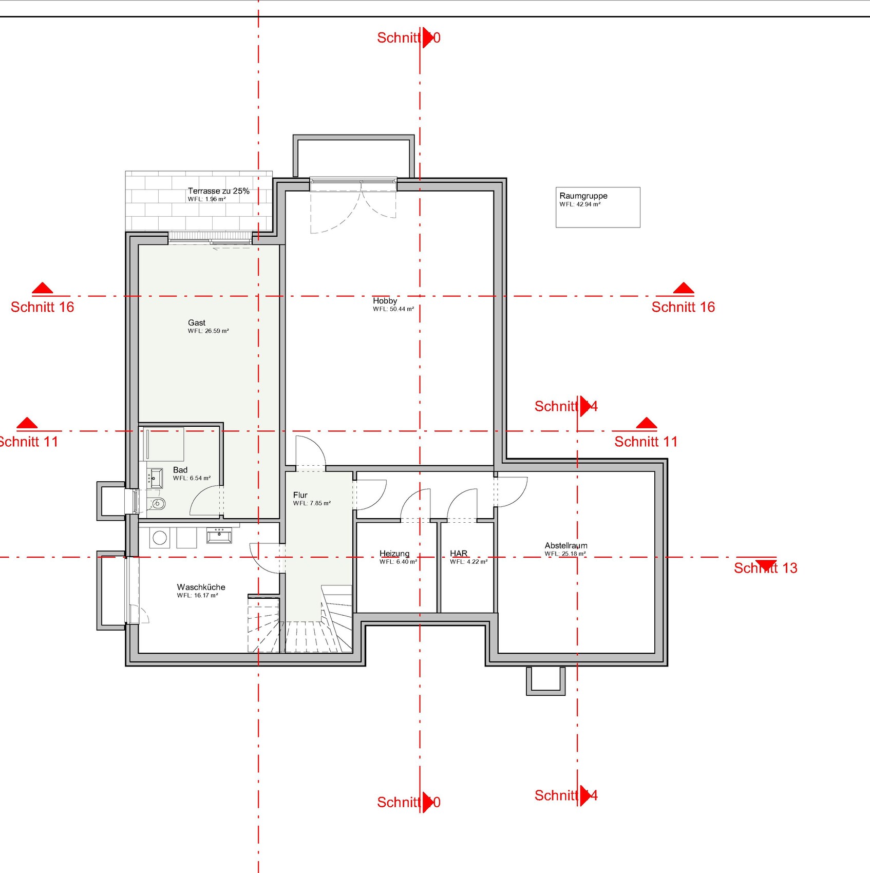 Grundriss eines Hauses: Erdgeschoss mit Gast, Bad, Waschküche, Flur, Hobby, Heizraum und HAR.