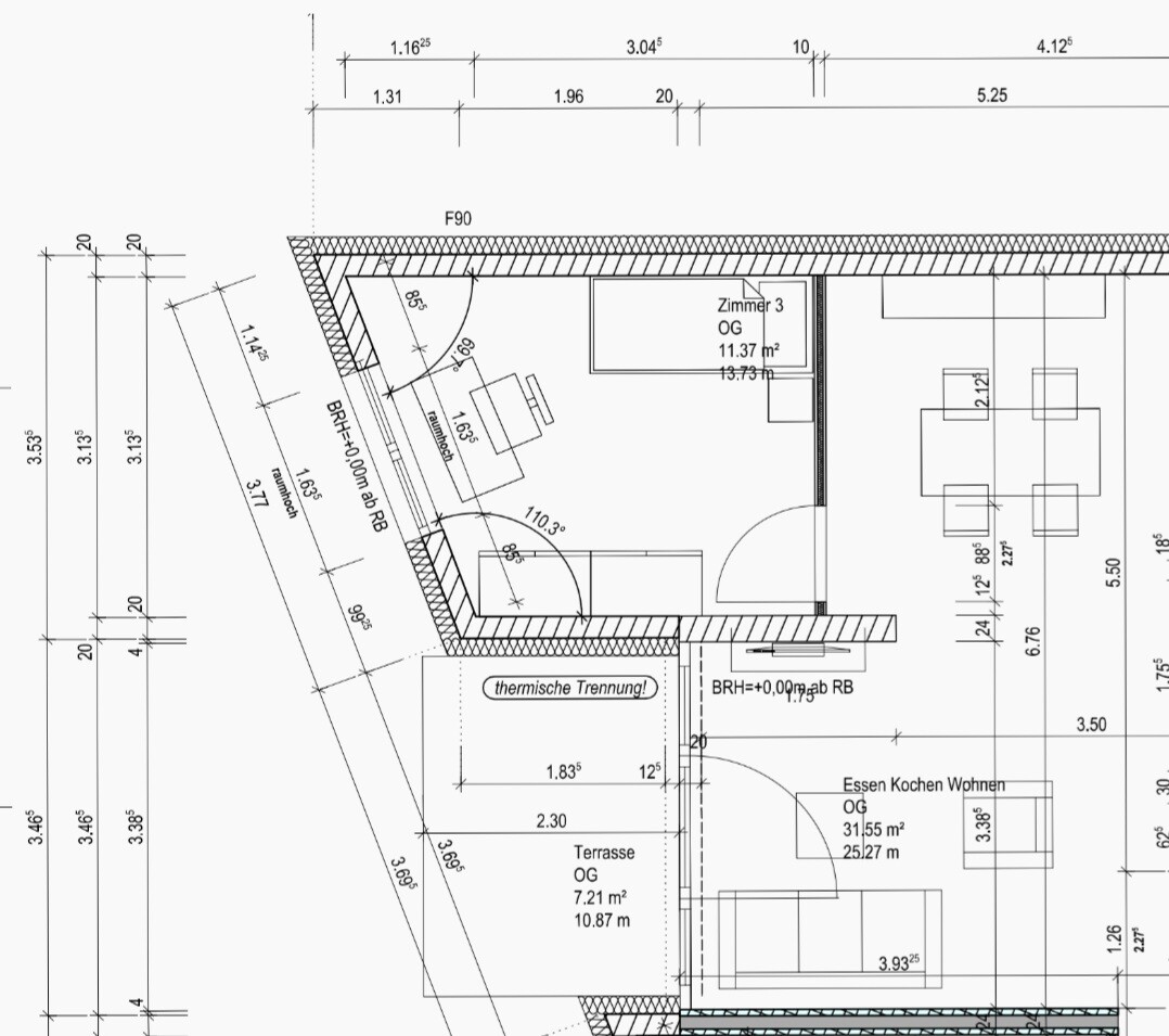 Grundriss OG: Zimmer 3, Essbereich, Terrasse, Maße im Plan.