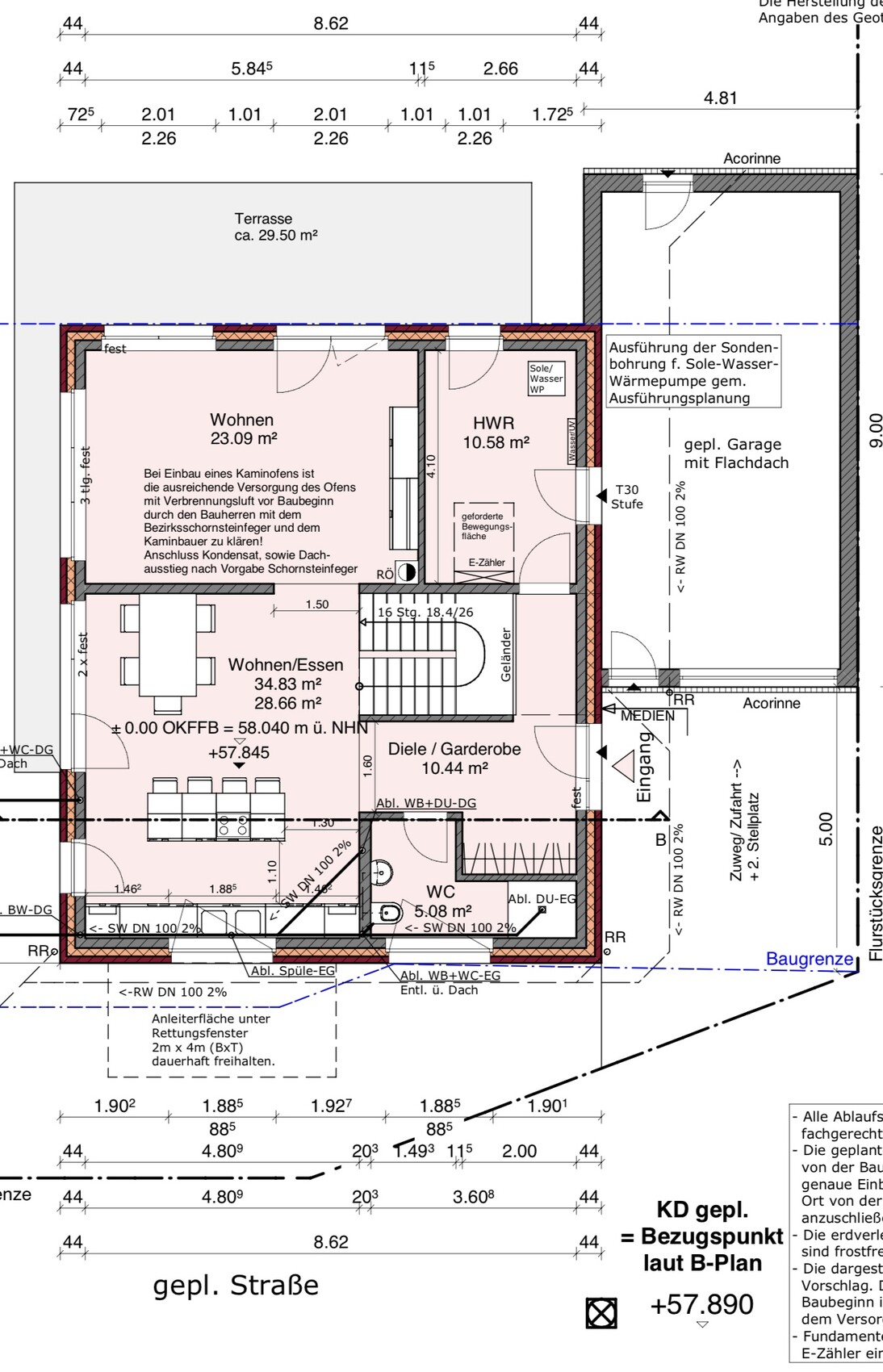Grundrissplan eines Hauses mit Wohn- und Essbereich, Diele und Terrasse.