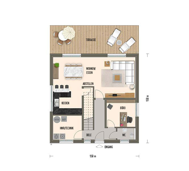 Grundriss eines Hauses mit Terrasse; Wohn-/Essbereich, Küche, Büro, WC, Diele.