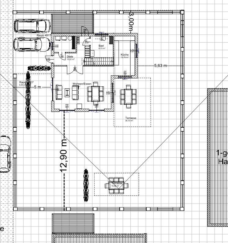 Grundriss eines Hauses mit Wohn-/Essbereich, Küche, Bad, Diele, Terrasse und Garage.