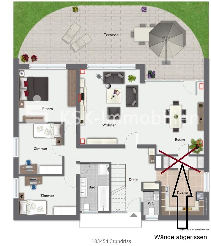 2D-Grundriss: Haus mit Terrasse, Wohnen, Küche, Essen, Schlafzimmer, Bad.