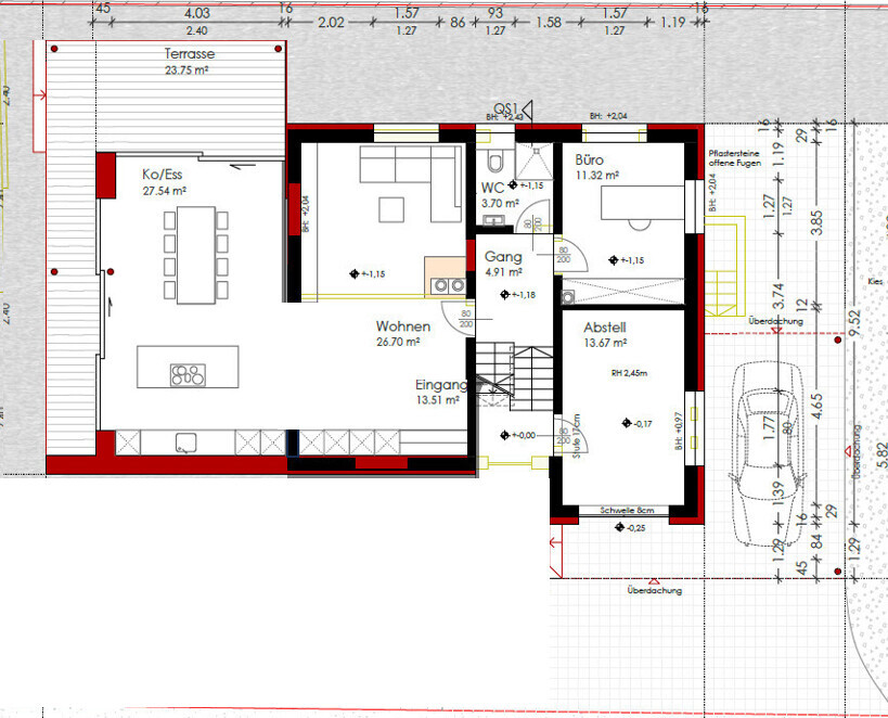 Grundrissplan eines Einfamilienhauses mit Terrasse, Küche, Wohnen, Eingang und Büro