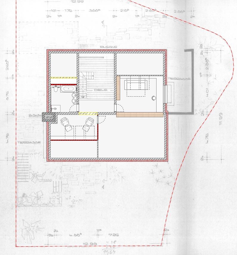 Grundriss eines Hauses: Eingangsbereich, Diele, Wohnzimmer, Terrasse, Bad und Treppenhaus.