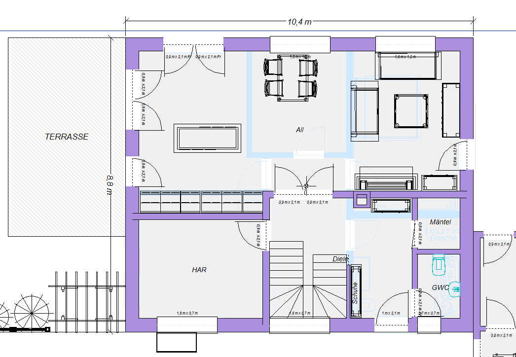2D-Grundriss eines Hauses mit Terrasse, Wohnzimmer, Diele, HAR und WC