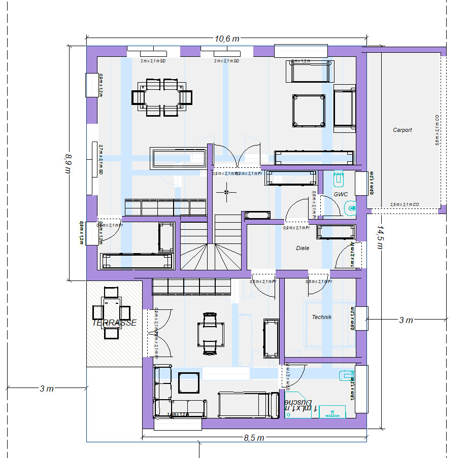 Grundriss eines Hauses mit Terrasse, Carport, Diele, Wohn-/Essbereich, Technikraum und Dusche.