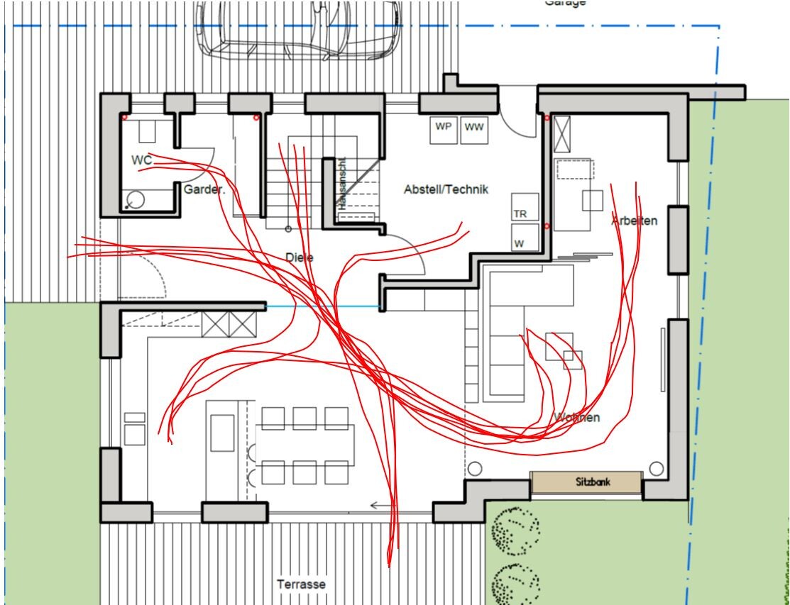 Grundriss: Wohnzimmer Essbereich, Diele, WC, Abstell/Technik, Arbeiten, Terrasse, Garten, Sitzbank.