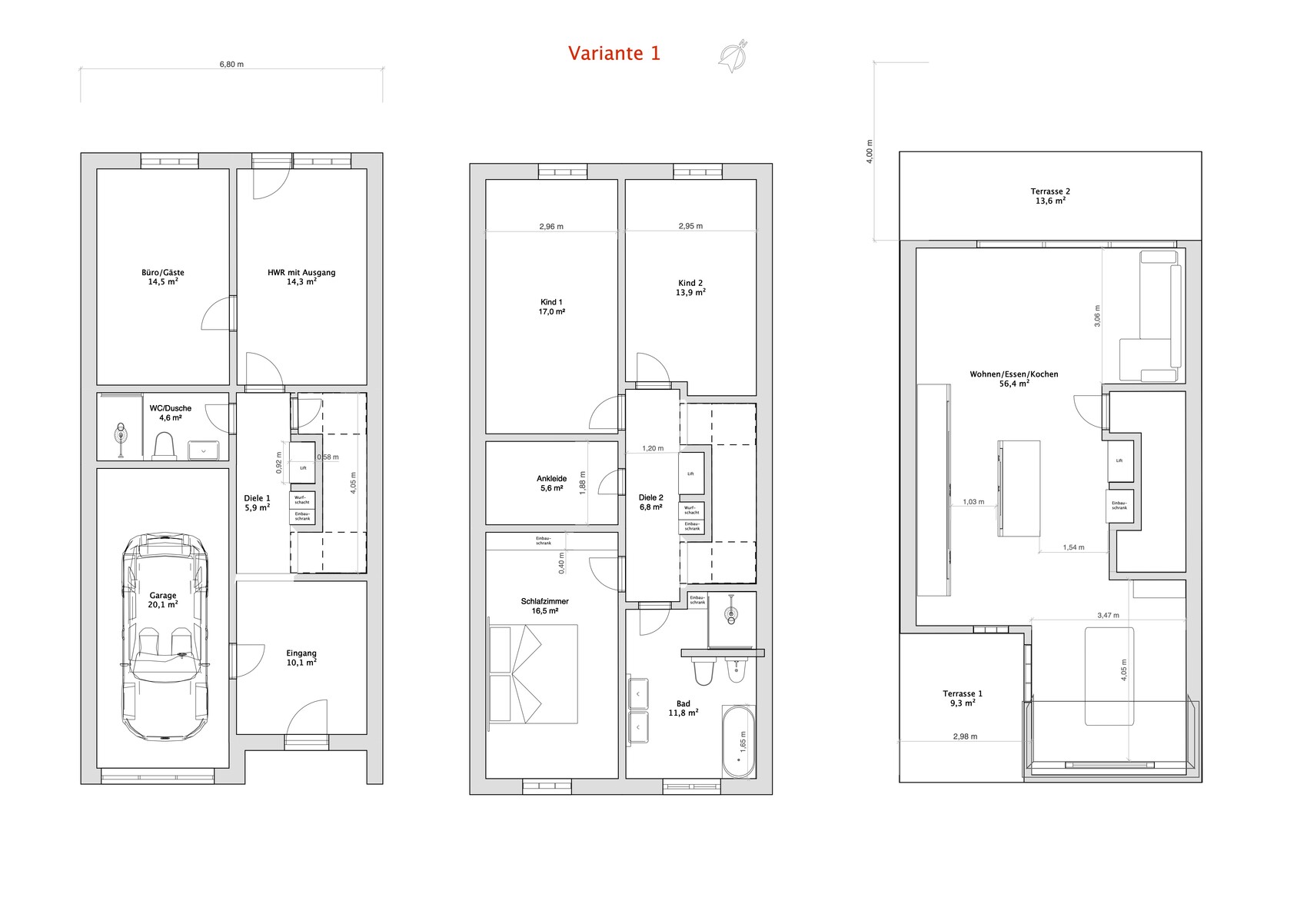 Variante 1: Dreigeschossiger Grundriss mit Garage, Büro, HWR, Schlaf- und Kinderzimmern, Terrasse