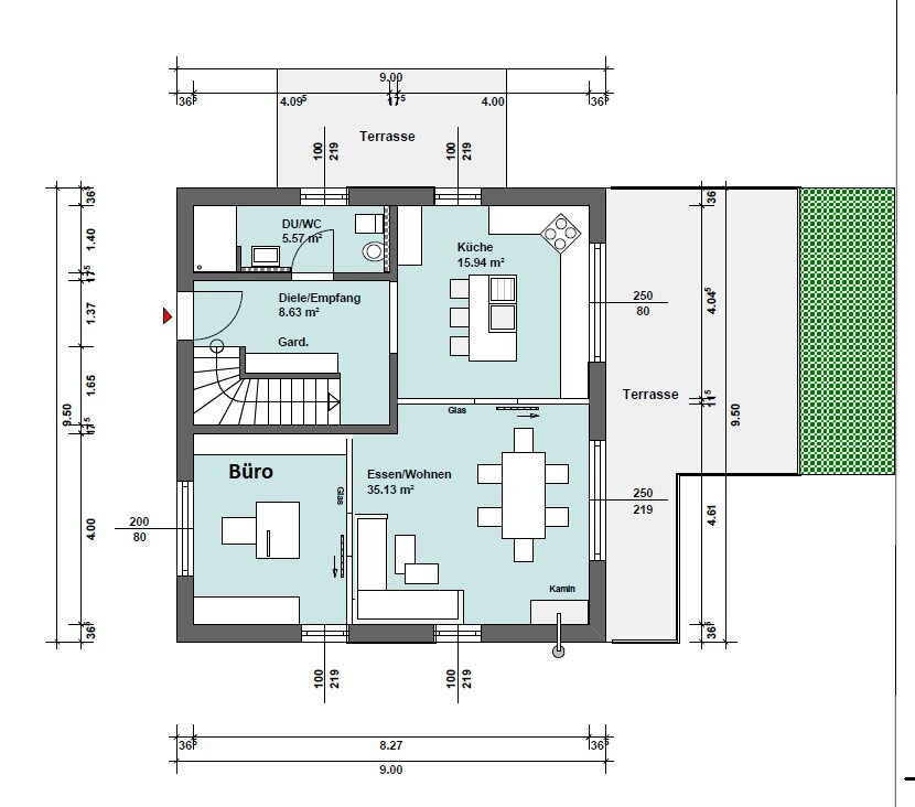 Grundriss eines Hauses: Küche, Essen/Wohnen, Büro, Diele/Empfang, DU/WC, Terrasse.