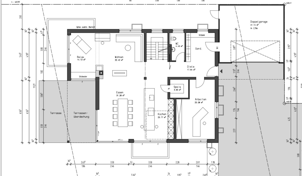 Grundriss eines Einfamilienhauses: Wohnen, Essen, Kochen, Terrasse, Doppelgarage