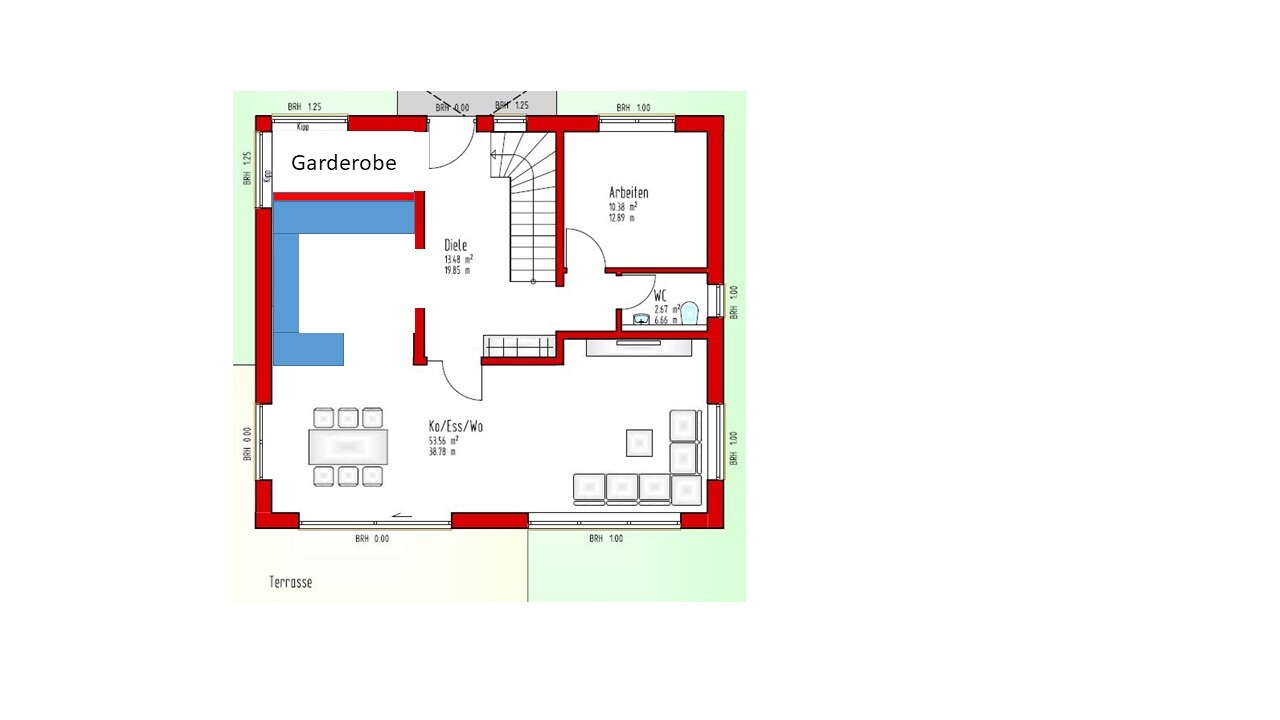 Grundriss eines Wohnhauses: Diele, Garderobe, Arbeitszimmer, Küche/Essen/Wohnen, WC, Terrasse.