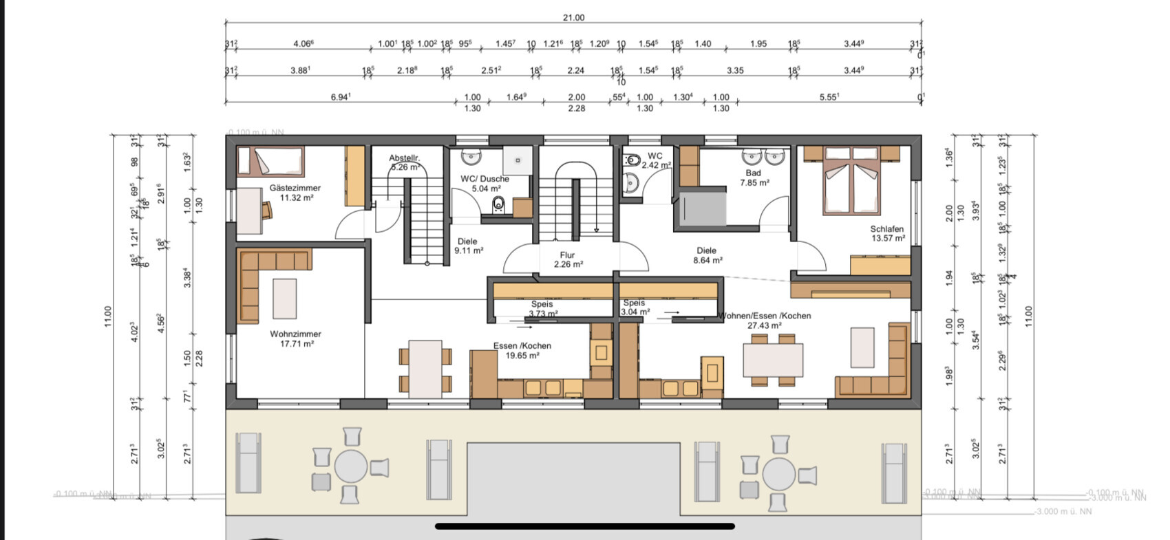 Grundriss eines Wohnhauses: Wohnzimmer, Küche, Essbereich, Schlafzimmer, Gästezimmer und Terrasse.