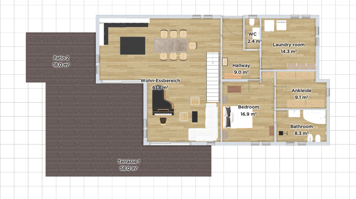 Grundriss eines Hauses: Wohn-Essbereich, Terrasse, Küche, Schlafzimmer, Bad, Ankleide