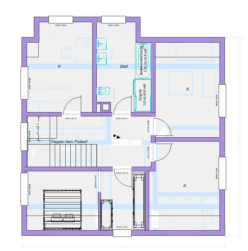 Grundriss eines Hauses: Räume mit Bad, Dusche, Küche (K) und Treppen im Flur.