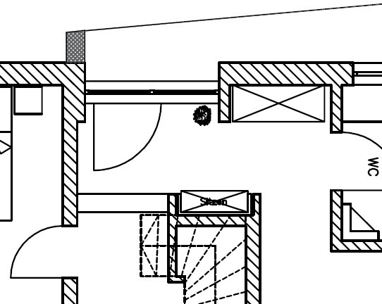 Schwarz-weiß gezeichneter Innenraum-Grundriss mit Wänden, Türen, Treppen und Möbeln.