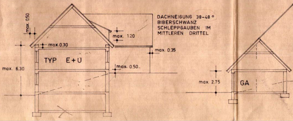 Architektonische Bauzeichnung eines Hauses mit Satteldach; Front- und Seitenansicht, Typ E+U.