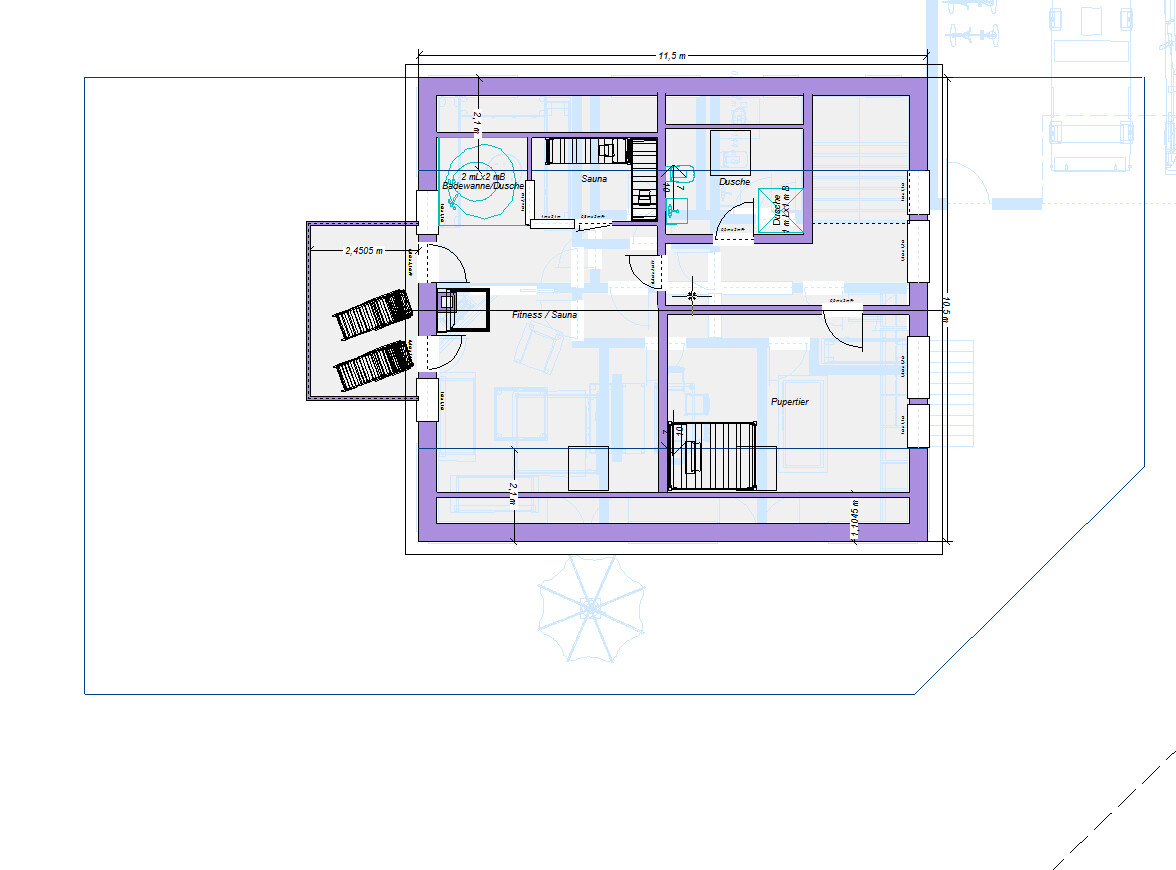 Grundriss eines Hauses mit Fitness- und Saunabereich, Dusche und Zugang.